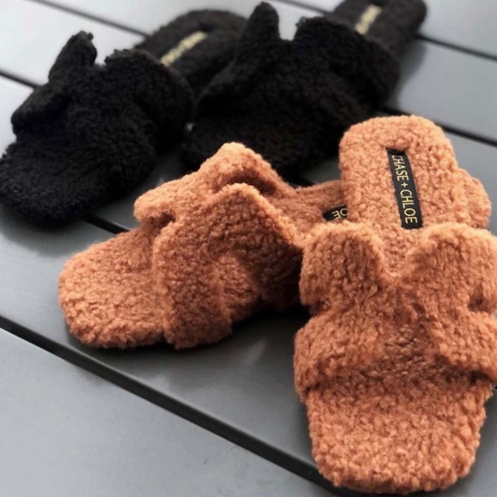 NEW Sherpa Faux Shearling H Band Slides Slip On Slipper Sandals Shoes Camel Tan - Picture 6 of 6